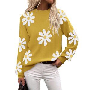 Zeagoo Women Yellow-flower Long Sleeve Pullover Ribbed Knitted Pattern Sweater